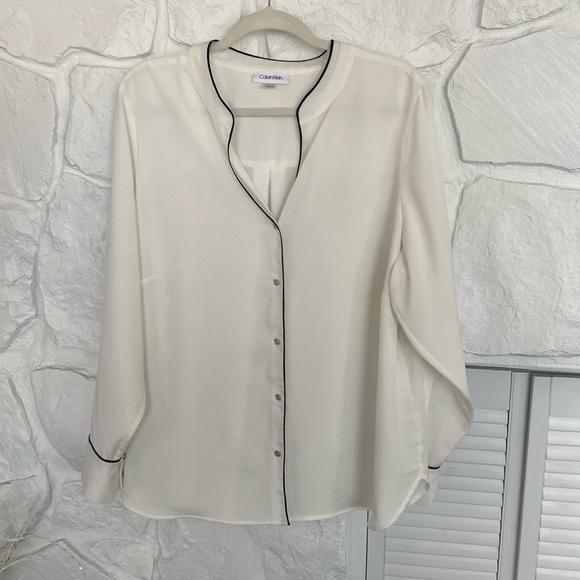 Calvin Klein white long sleeve button front black trimmed w/ silver button shirt - Picture 2 of 11